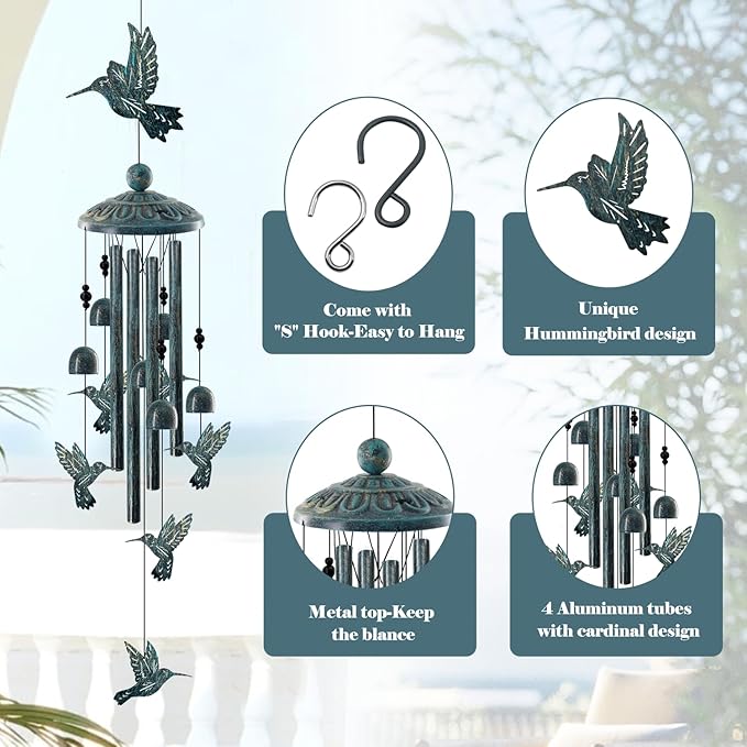 Vintage Bronze Hummingbird Wind Chimes for Outside, Retro Bird Gifts for Women Mom, Sympathy Memorial Windchimes for Garden Yard Patio Decor, Rustic Metal Wind Bell for Birthday Mother’s Day