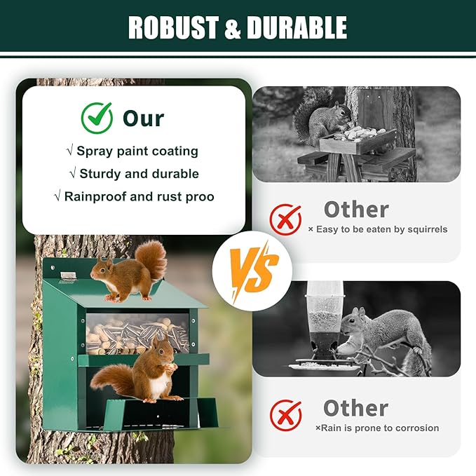 Squirrel Feeder, Metal Squirrel Feeder for Outside,Outdoors Chipmunk &Squirrel Picnic Bench Feeders Table,Stronger Than Wooden Structure,Easy to Install & Refill