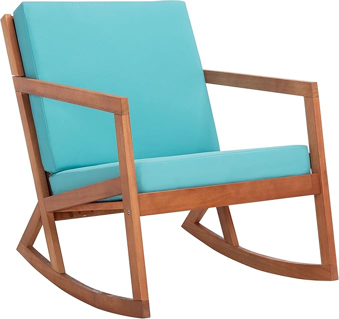 Safavieh Outdoor Collection Vernon Wood Blue Cushion Rocking Chair PAT7013Q, Natural/Aqua