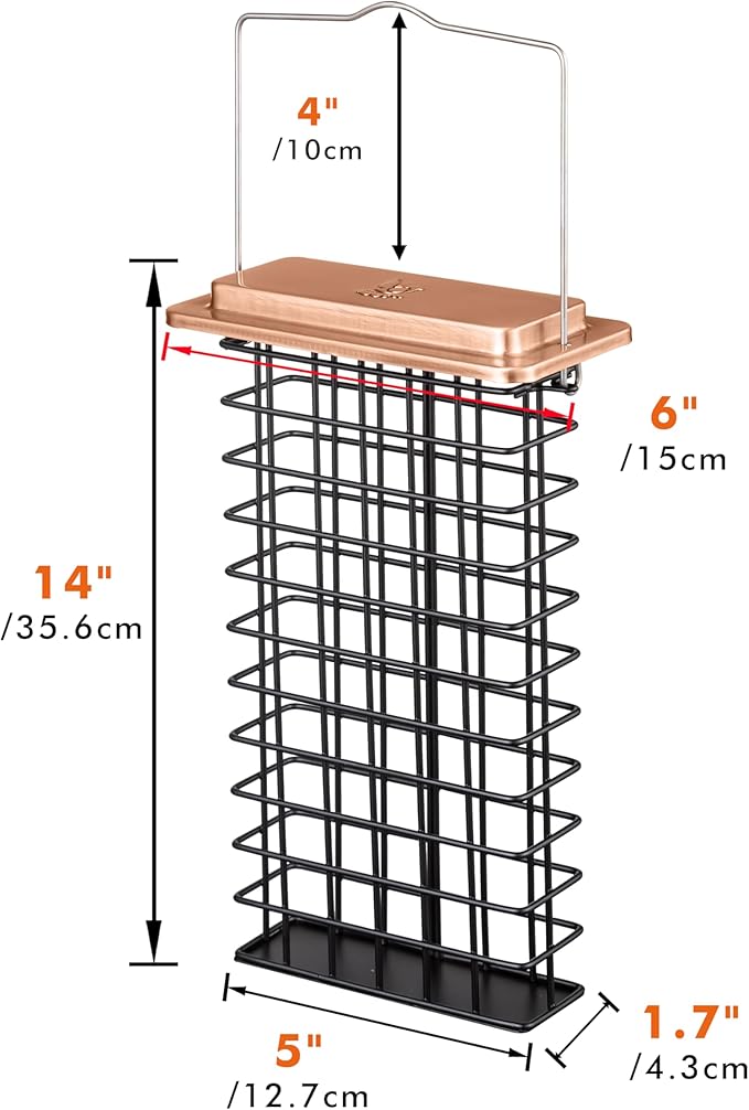 iBorn Metal Double Suet Feeder,Durable Suet Cake Cage Bird Feeder for Outdoors Hanging，Metal Roof Bird Feeder with Taller Grid for Woodpeckers,Large Suet Holder,Easy Clean & Refill,1 Pack,Copper