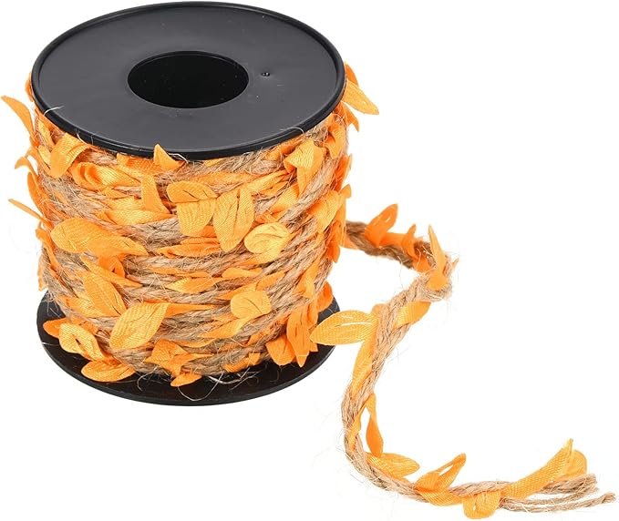 PATIKIL 33ft 5mm Burlap Leaf Ribbon, Braided Decoration Vine Natural Jute Rope Twine with Artificial Leaves for Jungle Wedding Party Home Garden Decor, Orange