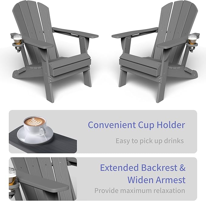 GLANC Folding Adirondack Chair Set of 2, HDPE All-Weather Outdoor Patio Fire Pit Chairs Lawn Chair for Poolside Backyard Deck Balcony, Wooden Textured with Cup Holder, 380LBS Capacity (Grey)