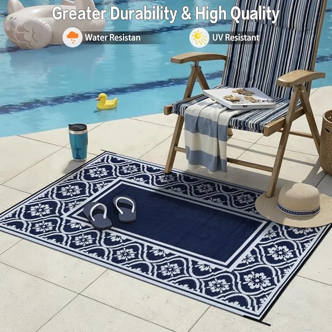 HUGEAR Outdoor Patio Rug 3'x5' Waterproof Outside Area Rugs Blue Reversible Plastic Straw Carpet for RV Deck Camping Entryance Porch Picnic Balcony Beach
