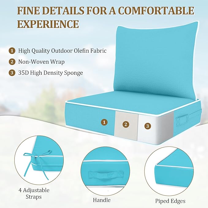 Outdoor Deep Seat Cushion Set, Fade Resistant Patio Chair Cushions, 24x24x6 Inch Patio Sofa Furniture Pad with Removable Cushion Covers (Lake Blue+White Side, 24''Lx24''Wx6''H-1pcs Set)