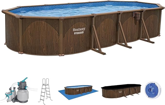 Bestway Hydrium 24' x 12' x 52" Above Ground Pool, Oval Steel Side Wall Frame Outdoor Swimming Pool Set with Sand Filter Pump, Ladder & Accessories