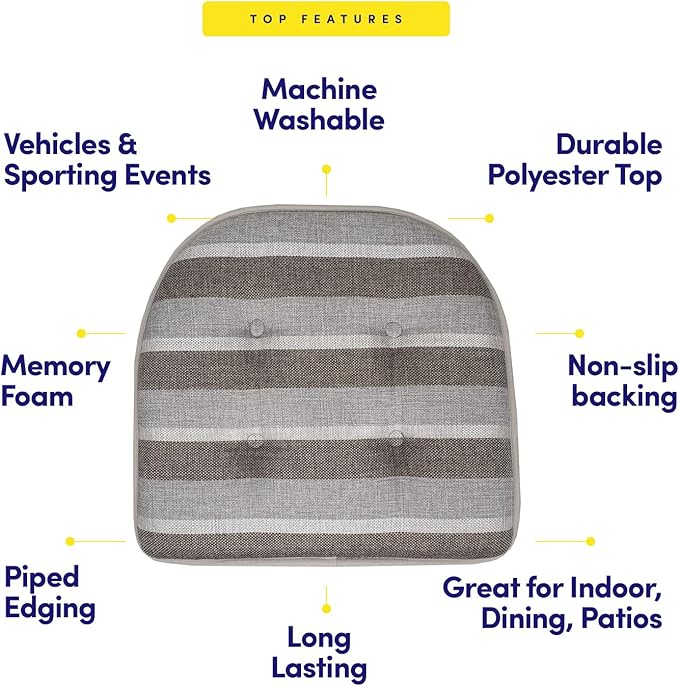 Sweet Home Collection Chair Cushion Memory Foam Pads Tufted Slip Non Skid Rubber Back U-Shaped 17" x 16" Seat Cover, 6 Count (Pack of 1), Bradford Silver/Brown