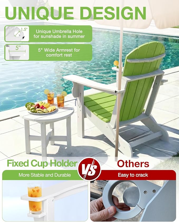 Folding Adirondack Chair –Recyclable HDPE Outdoor Adirondack Patio Chair with Cup Holder, Wood Texture & Umbrella Hole, 25-Year Fade-Free All Weather for Fire Pit, Porch, Poolside, Deck, Lime & White