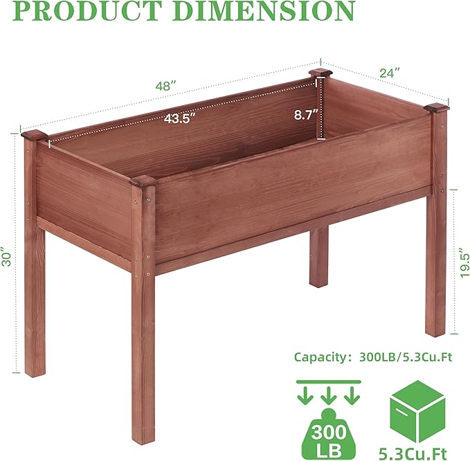 Raised Garden Bed with Legs (48x24x30''), Solid Wood Elevated Planter Box for Outdoor