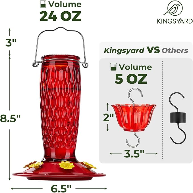 Kingsyard Hummingbird Feeders for Outdoors Hanging, 24 Ounce, Glass Hummingbird Feeder with Ant Moat & 6 Bee Guard Feeding Ports, Leak-Proof, Red