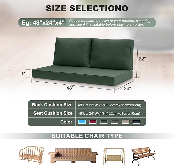 Outdoor Loveseat Cushions, 48 x 24 x 4 Inches Waterproof Fade Resistant Cushion Set for Couch, Bench and Swing