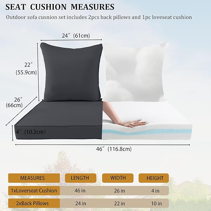 Outdoor Loveseat Cushion Set for Patio Couch/Sofa, 46 x 26 Inch Waterproof & Fade Resistant Patio Furniture Chiar Cushions with Removable Cover (Dark Gray, 46''Lx26''Wx4''H-Loveseat Cushion Set)