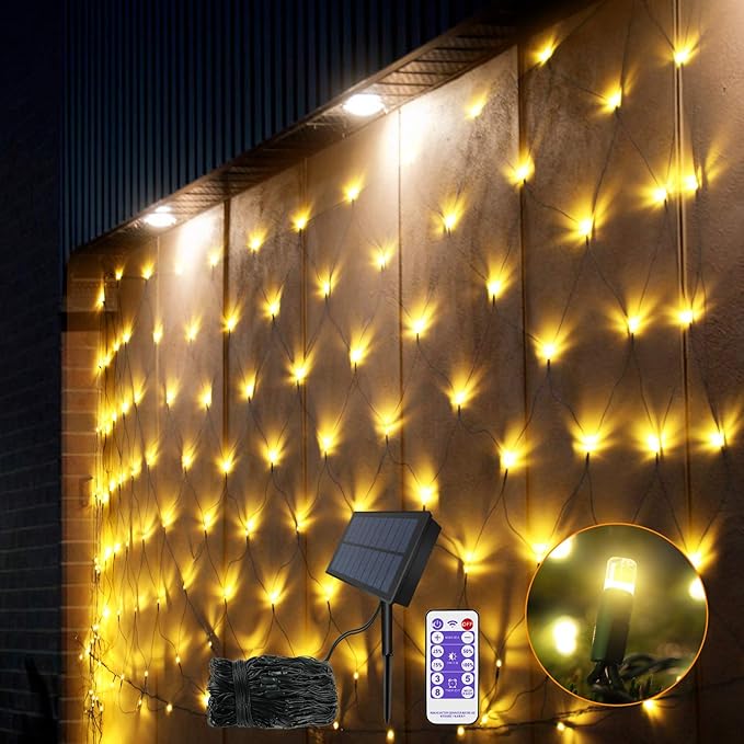 Net String Lights Solar Powered Outdoor Tree Light 15 x 5ft Mesh Light Garden Twinkle Light with Remote for Outdoor Lawn Yard Fence Indoor Decor(Warm White)