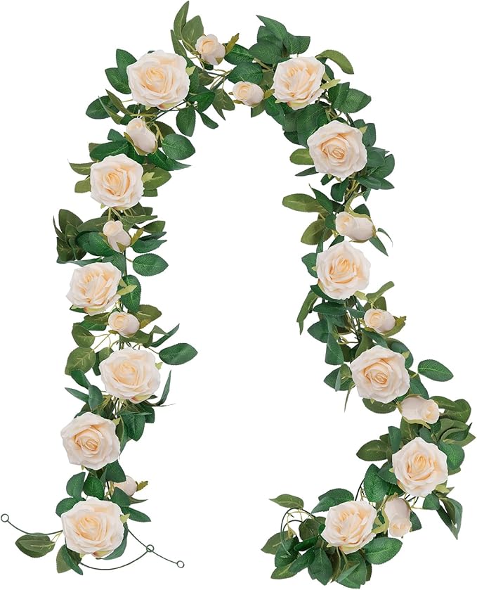 U'Artlines 5 Pack Artificial Champagne Rose Vines Floral Garlands Total 32.5 Ft Fake Vine Silk Flower Garland for Indoor Outdoor Home Wedding Arch Garden Wall Decoration