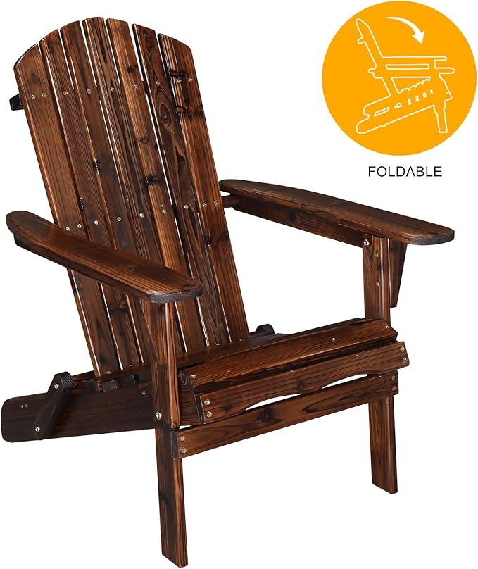 Outvita Folding Adirondack Chair Set of 2, 350LBS Solid Wood Garden Chair Weather Resistant, Outdoor Wooden Accent Furniture Fire Pit Lounge Chairs for Garden, Yard, Patio, Lawn, Carbonized