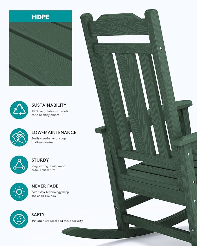 SERWALL Outdoor Rocking Chair, Patio Rocking Chairs for Porch, HDPE Rocking Chair Outdoor for Adults, Heavy Duty Front Porch Rocker, Green