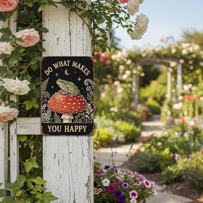 Goblincore Room Decor Tin Sign - "Do What Makes You Happy" Frog on Mushroom Art - Metal Sign 8x12 Vintage Cottagecore Wall Plaque for Shed, Bedroom, Dorm, Bathroom
