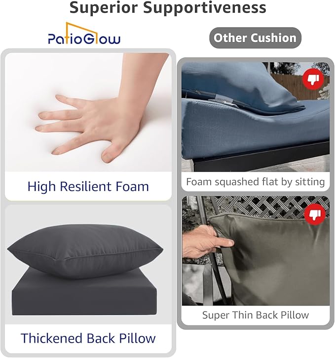 Outdoor Seat Cushion Set 22 x 24 x 4 Inch, Waterproof & Fade Resistant Patio Furniture Cushions with Removable Cover and Ties, Thick Deep Seating Pads for Outside Chair Sofa Couch, Grey