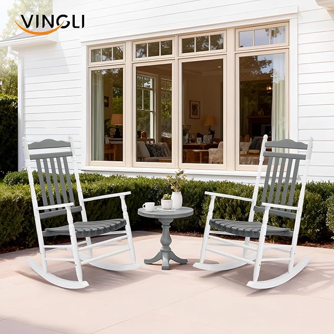 VINGLI Wooden Rocking Chair Outdoor, Patio Rockers with High Back, Support 450 LBS Rocking Chairs, for Porch, Patio, Balcony, Garden, Yard (White&Grey, 1 PC)