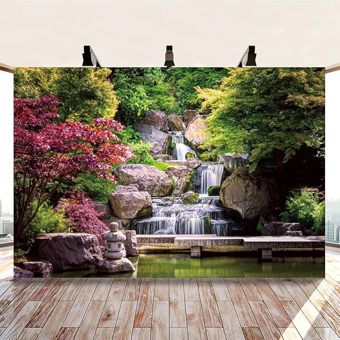 15x10ft Japan Garden Landscape Backdrop Retro Style Park View Photography Background Waterfall Maple Trees Bridge Kyoto Garden Travel Children Adult Portrait Photo Studio Props Wallpaper
