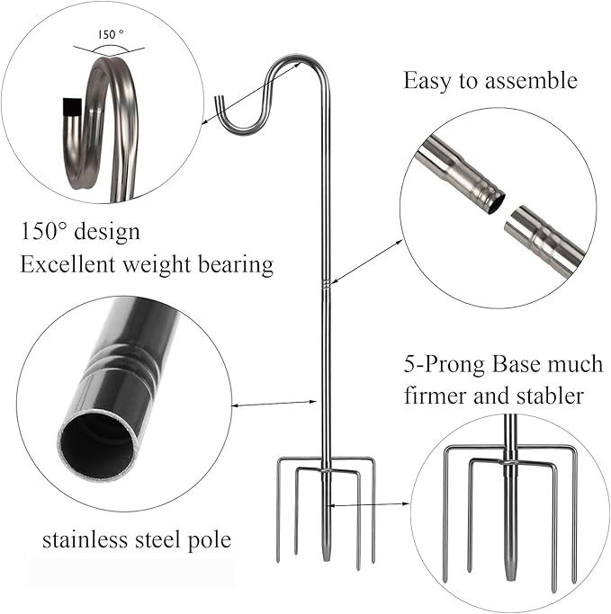 COCONUT 78 Inch Shepherds Hook for Bird Feeder, 5/8 Inch Width Heavy Duty Adjustable Outdoor Shepherd Hooks with 5-Prong Base for Lanterns Planting Hanger Weddings Decor, Silver
