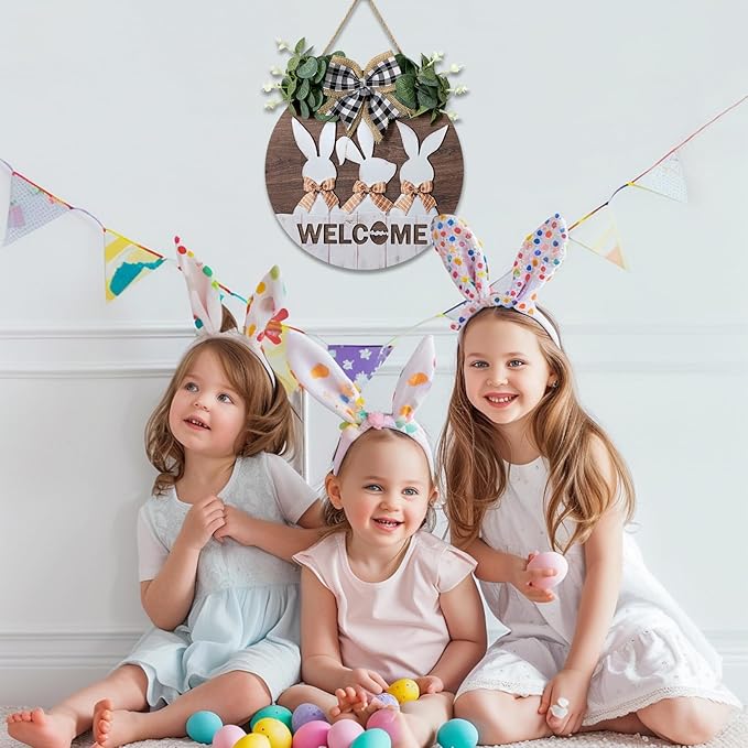 Easter Sign Wall Decor: Front Door Bunny Rabbit Decorations Spring Welcome Wreath Hanging Signs for Farmhouse