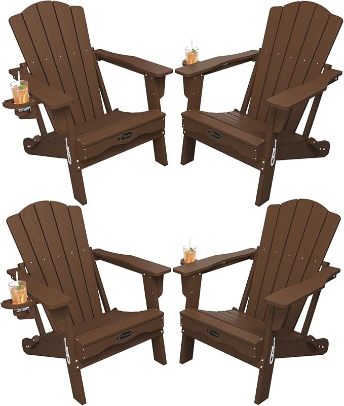 Folding Adirondack Chair Set of 4,HDPE All-Weather Outdoor Chair with Cup Holder,Wooden Textured,Fire Pit Chair,Plastic Patio Chair for Deck,Backyard,Garden,Lawn(Brown)