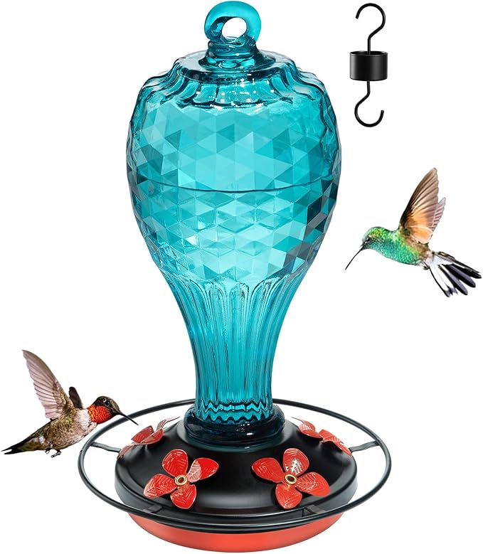 20 OZ Glass Hummingbird Feeders for Outdoors Hanging - Hand-Blown Vibrant Blue Reflective Fish-Scale Design - Attracts More Hummingbirds - Leak-Proof Silicone Seal & Ant Moat - Gift for Mom