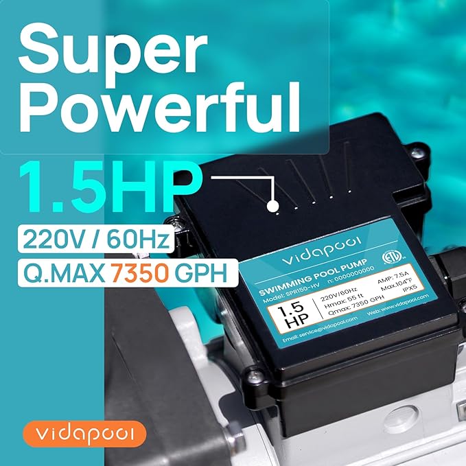 In/Above Ground Pool Pump, Self Primming High Flow (Single Speed, 1.5HP, 7350 GPH, 220V)