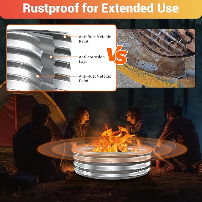48In Fire Pit Ring, Heavy Duty Galvanized Steel Firepits Outside,Wood Burning,DIY In-Ground or Above-Ground Outdoor Fire Pit, Fireplace for Backyard Bonfire, Patio & Camping