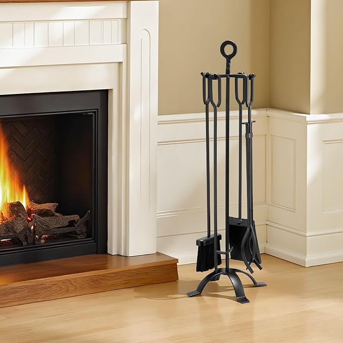 VEVOR Fireplace Tool Set, 5 PCS Fire Tool Set and Holder with Four-Prong Stand, Tongs, Ash Shovel, Brush, Fire Place Poker, Wrought Iron Fireplace Accessories for Campfire Indoor/Outdoor, Black