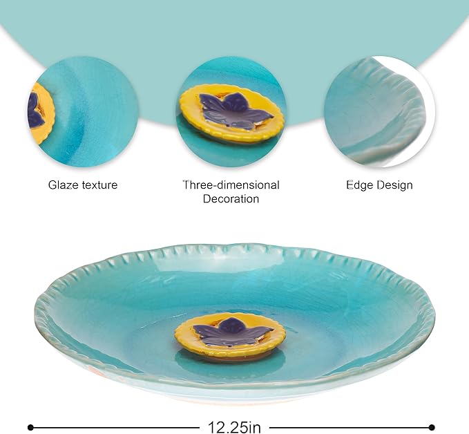 Topadorn 12.25in Ceramic Bird Bath for Outdoors, Large Bird Bath Bowl for Garden Lawn Balcony Patio Yard Tabletop Ground Decor, Blue with Yellow Flower