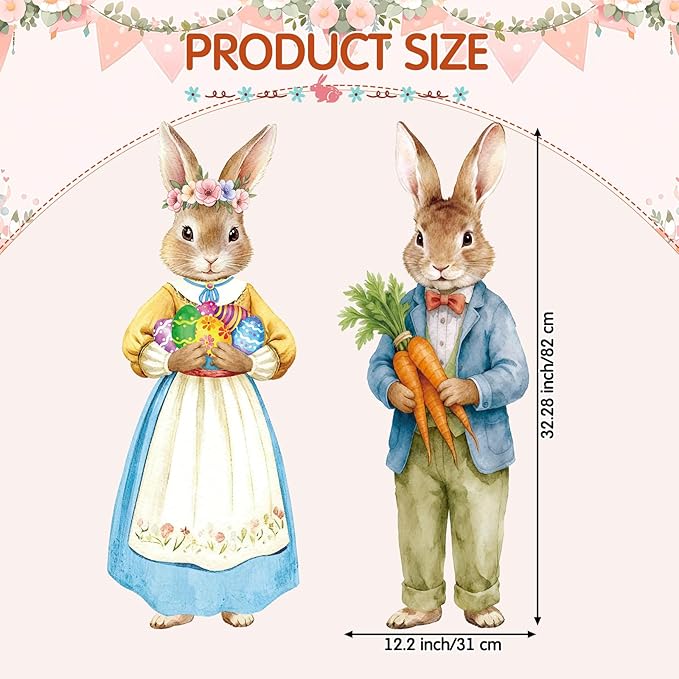 Thyle 2 Pcs Large Easter Bunny Hanging Sign 32.3 x 12.2 Inch Easter Wooden Front Door Decorations Rabbit Egg Carrot Hanger Porch Sign for Spring Outdoor Indoor Home Wall Decor