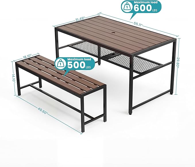 Outdoor Dining Set, 55" Picnic Table with Umbrella Hole & Storage Shelf, 3-Piece Set with 2 Movable Benches, All-Weather HDPE & Metal Frame for Backyard, Deck, Patio, BBQs & Garden