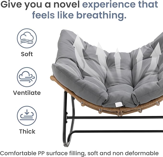 COSIEST Oversized Papasan Rocking Chair with Extra Thick Cushion - 45 in Rattan Wicker Egg Chair for Indoor/Outdoor Use, Swivel Lounge Chair for Patio, Living Room, Bedroom, Grey