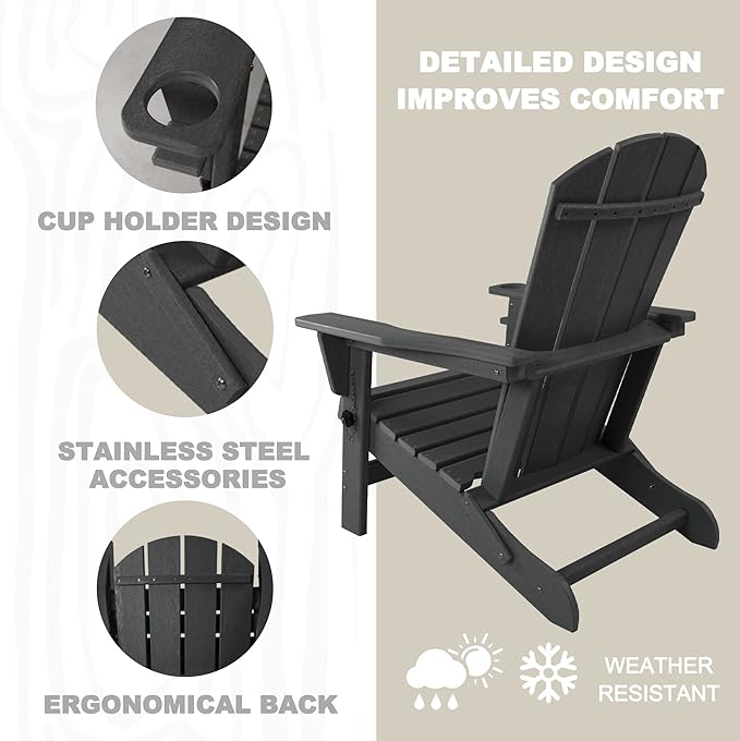 Kozyard Folding Adirondack Chair, Patio Outdoor Chairs, HDPE Plastic Resin Deck Chair, Painted Weather Resistant, for Deck, Garden, Backyard & Lawn Furniture, Fire Pit, Porch Seating (Gray)