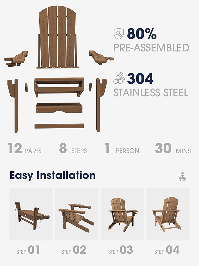 KINGYES Folding Adjustable Adirondack Chair with Ottoman & 2 Cup Holders, HDPE Recliner Adirondack Chair with Footrest, Brown