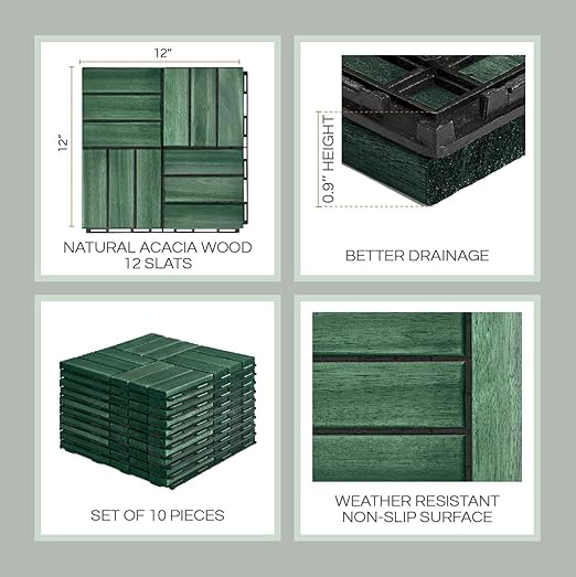 10 Pcs Deck Tiles, Patio Flooring - Outdoor Waterproof Acacia Wood Tiles for All Weather Use - Balcony, Backyard, Indoor & Outdoor (Knysna Green, 10 Square Ft)