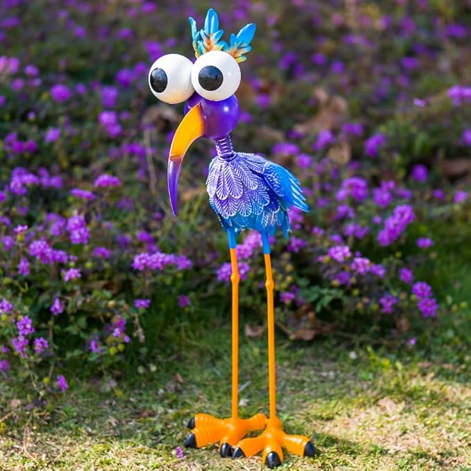 Metal Purple Big-Eyed Bird Statue Garden Decor, Big-Eyed Bird Garden Statue Decor Yard Art for Home Kitchen Outdoor Patio Lawn Decor
