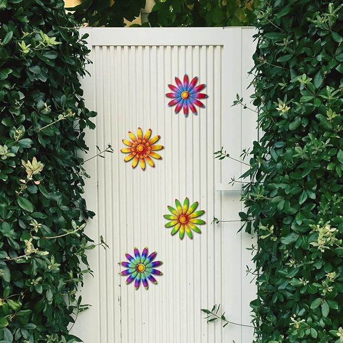 Giyyomtr Metal Flowers Wall Decor - 4pcs Metal Sunflowers Wall Art Hanging Decorations for Outdoor Fence Garden Yard Patio Decor, Gift for Mom Friends