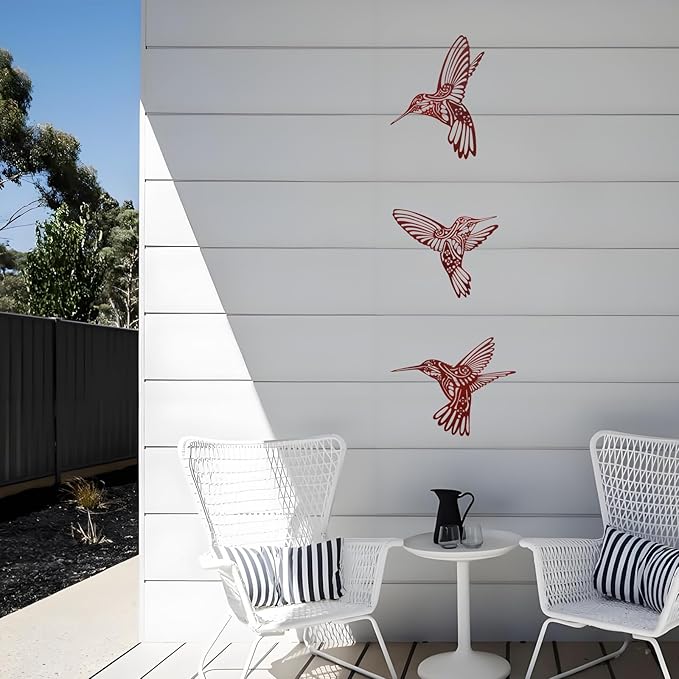 Metal Hummingbird Outdoor Wall Art Decor-Red Birds Wall Decorations Hanging Decor Ornaments-Modern Abstract Silhouette Wall Sculpture for Kitchen Patio Bedroom Living Room Bathroom Fence Balcony