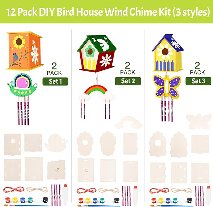 Crafts for Kids Ages 4-8 - 12 Pack DIY Bird House Wind Chime Kit Party Favors - Build and Paint Birdhouses Wooden Arts Kits - Easter Basket Stuffers Gifts for Girls Boys Toddlers Ages 3-5 4-6 6-8 8-12