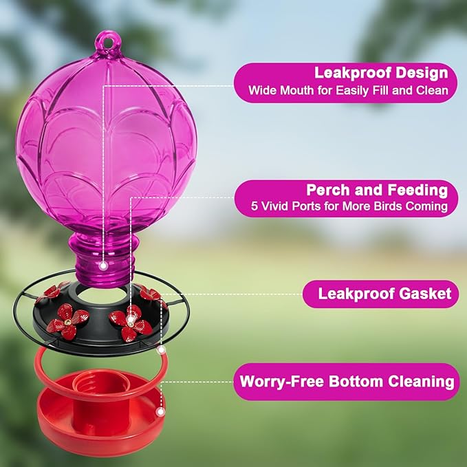 26 OZ Glass Hummingbird Feeder for Outdoors Hanging - Hand-Blown Hot Air Balloon Design - Leak-Proof & Ant Moat - Garden Decor Gift for Mom, Purple