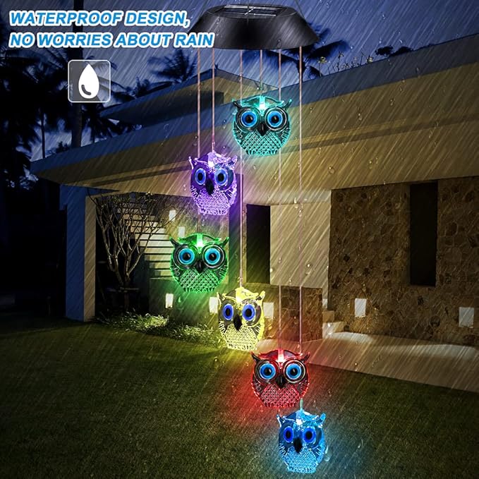 Solar Wind Chimes, Owl LED Solar Powered Wind Chimes Lamp Color Changing Waterproof Garden Chimes with Hook for Outdoor Indoor Patio Yard Deck Grandma Mom