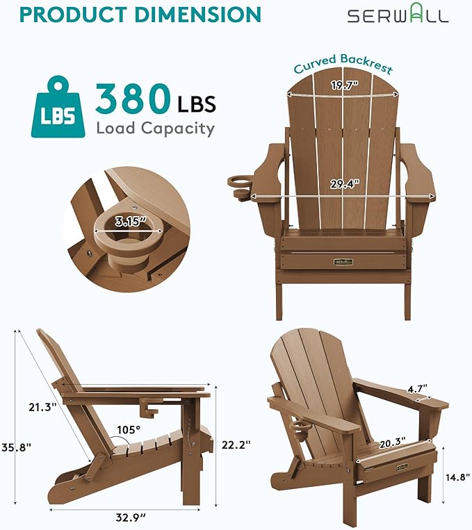 SERWALL Adirondack Chair Set of 6 Folding Adirondack Chairs with Cup Holder for Patio Garden Weather Resistant Outdoors Fire Pit Chairs- Brown