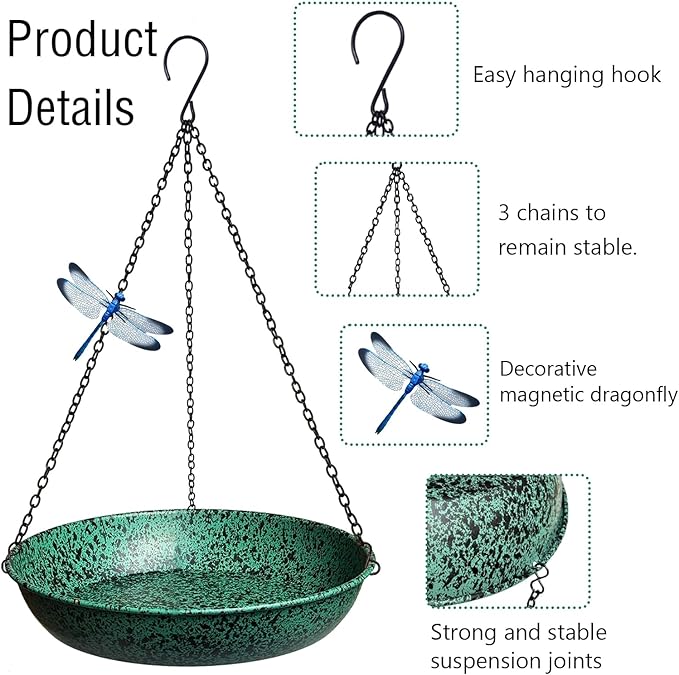 Hanging Bird Baths for Outside, 11 inch Outdoor Metal Bird Feeder for Garden Yard Decor Green