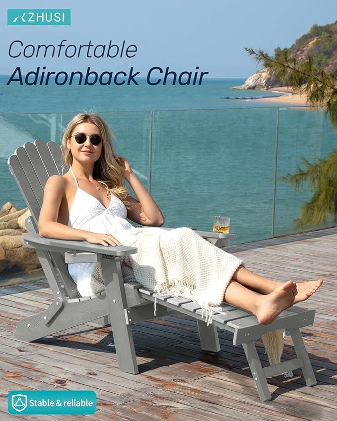 ZHUSI Folding Adjustable Adirondack Chair with Retractable Ottoman, Adirondack Chair with 2 Cup Holders, Outdoor Chairs for Porch Patio Lawn Balcony Weather Resistant (Grey, 1 pcs)