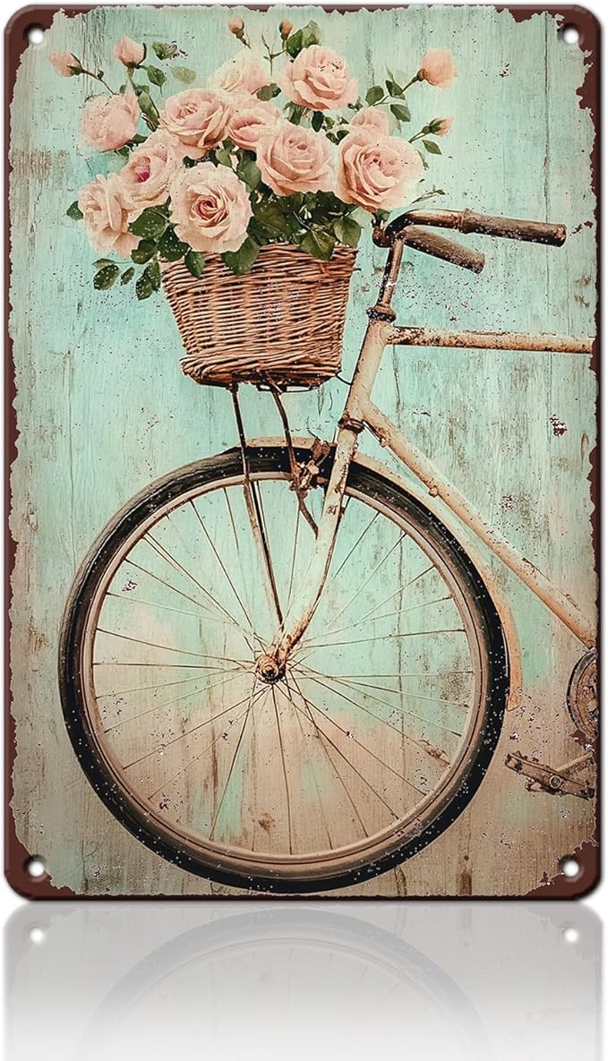 PEACHGARDEN Vintage Spring Metal Sign Bike with Flower Wall Decor Farmhouse Decor for Home Cafes Office Store Pubs Club 8x12inch