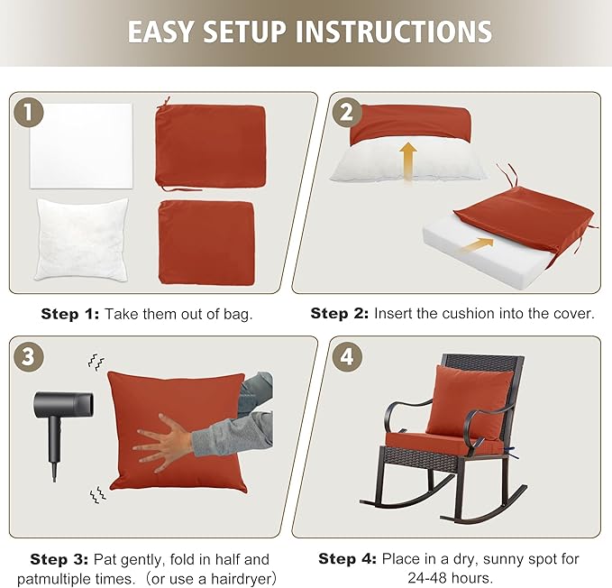 24x24 Inch Outdoor Cushions for Patio Furniture, Waterproof Outdoor Chair Cushions w/ Fade-Resistant, Removable & Machine-Washable Covers, Deep Seat Sofa/Couch Pad Replacement – Set of 1/2/4, Rust