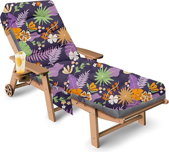 Outdoor Chaise Lounge Chair Cushion, 71 x 22 x 4.7 Inches Waterproof Chaise Lounge Cushions Thickened for Outdoor Furniture, Non-Slip Patio Lounge Chair Cushions, Purple Floral Leaf