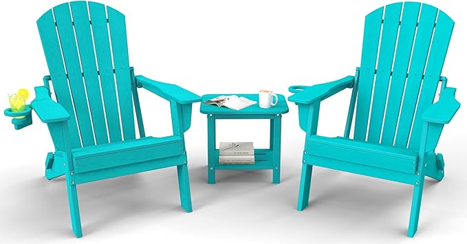 3-Piece Folding Adirondack Chair Set - 38" Extra Tall Back & Embossed Wood Grain, Oversized HDPE Patio Furniture with Side Table & Cup Holders, 380lb Heavy Duty, Aruba Blue